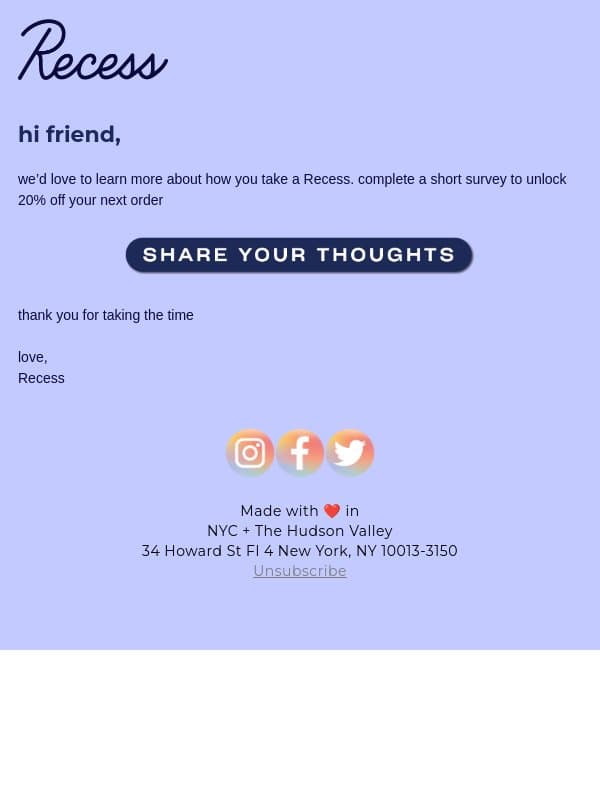 take our survey – unlock 20% email from Recess screenshot