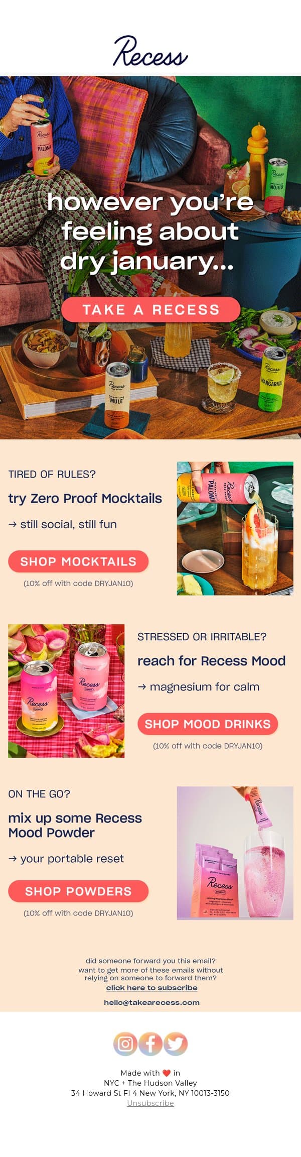 how are you doing dry january? email from Recess screenshot