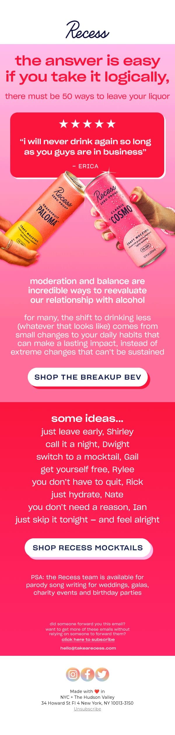"50 ways to leave your liquor” email from Recess screenshot