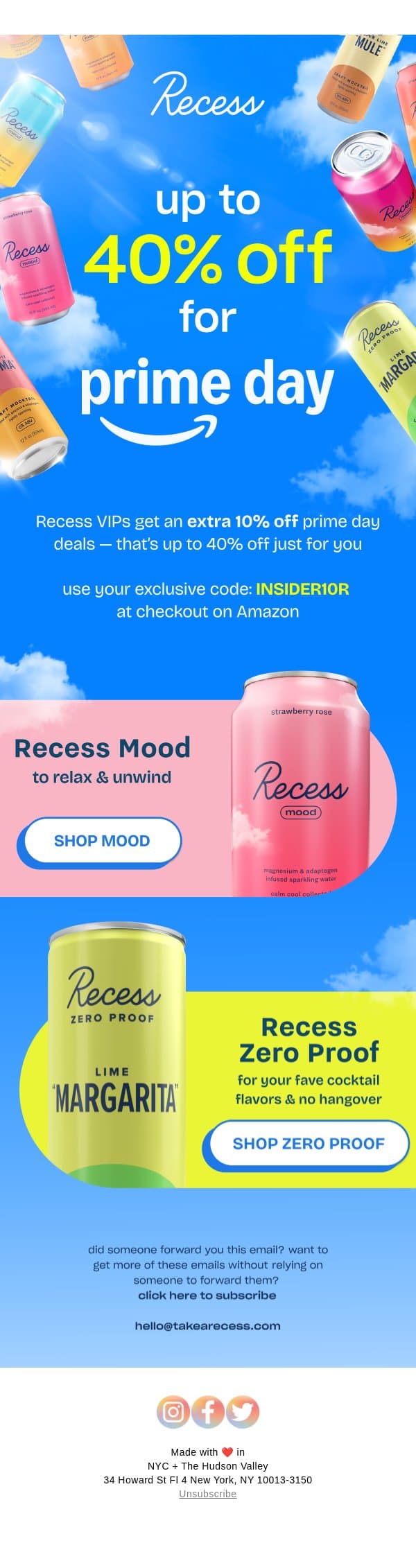up to 40% off! prime day starts now email from Recess screenshot