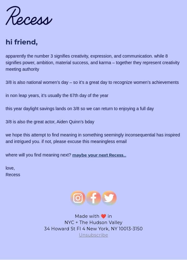 finding meaning in today email from Recess screenshot