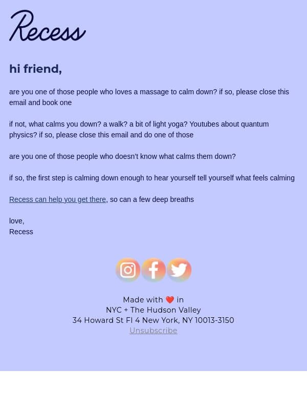 massages email from Recess screenshot