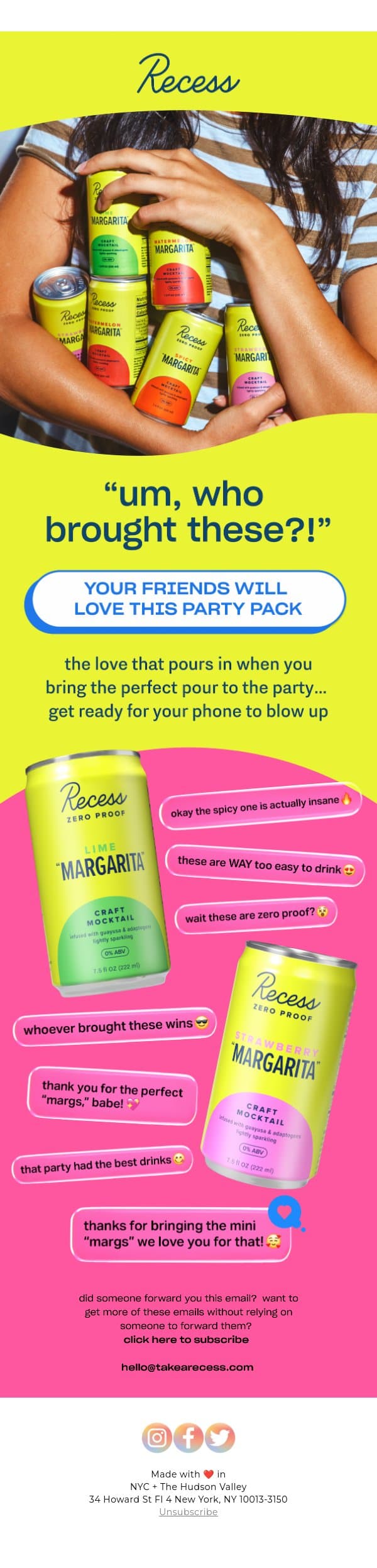 “who brought the margs?” email from Recess screenshot