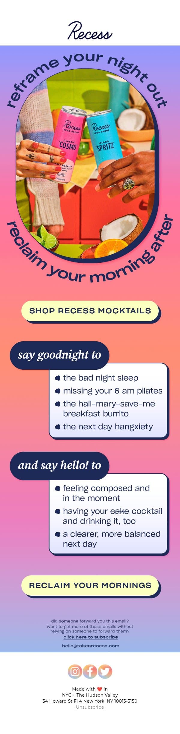 a better night out, a better morning after email from Recess screenshot