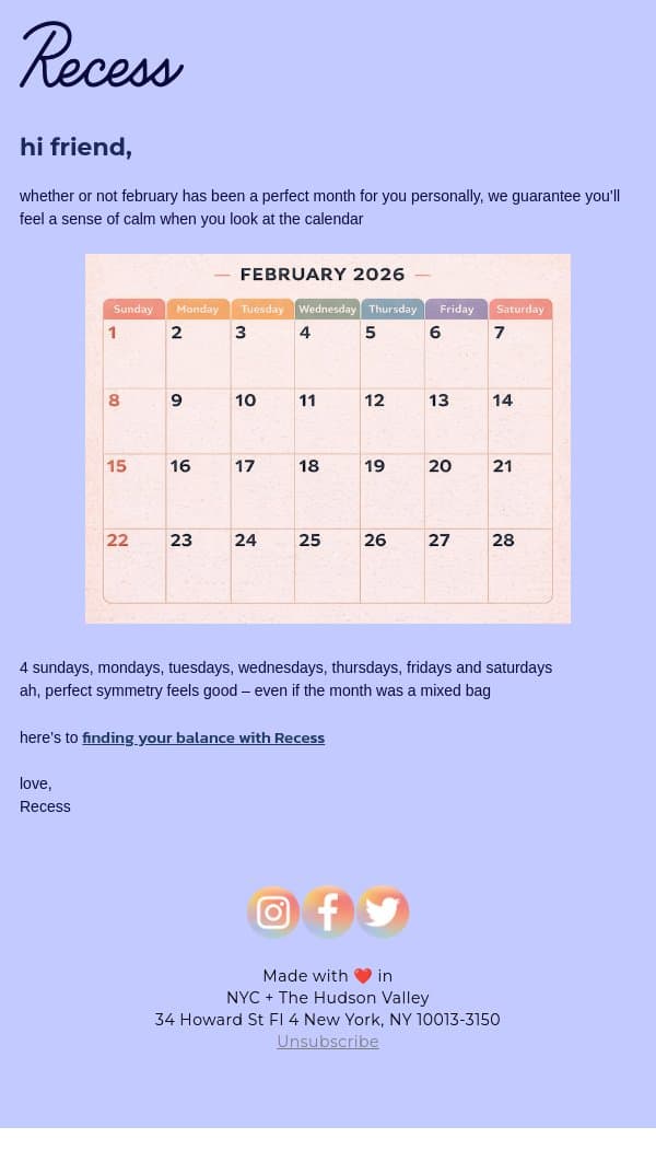 february 2026 is the perfect month email from Recess screenshot