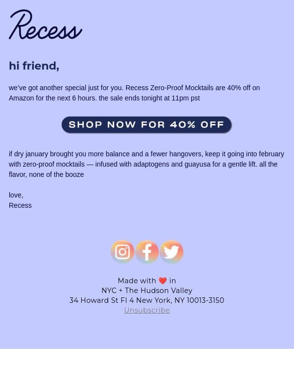40% off Recess Mocktails email from Recess screenshot