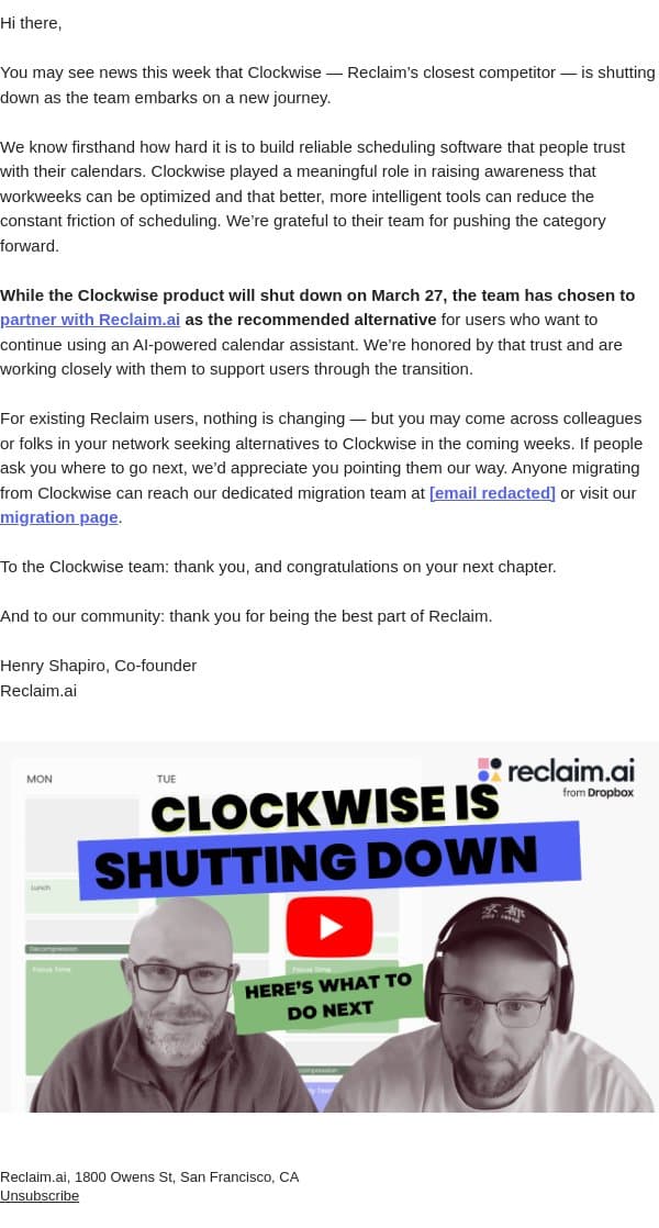 Clockwise is shutting down – they recommend Reclaim email from Reclaim screenshot