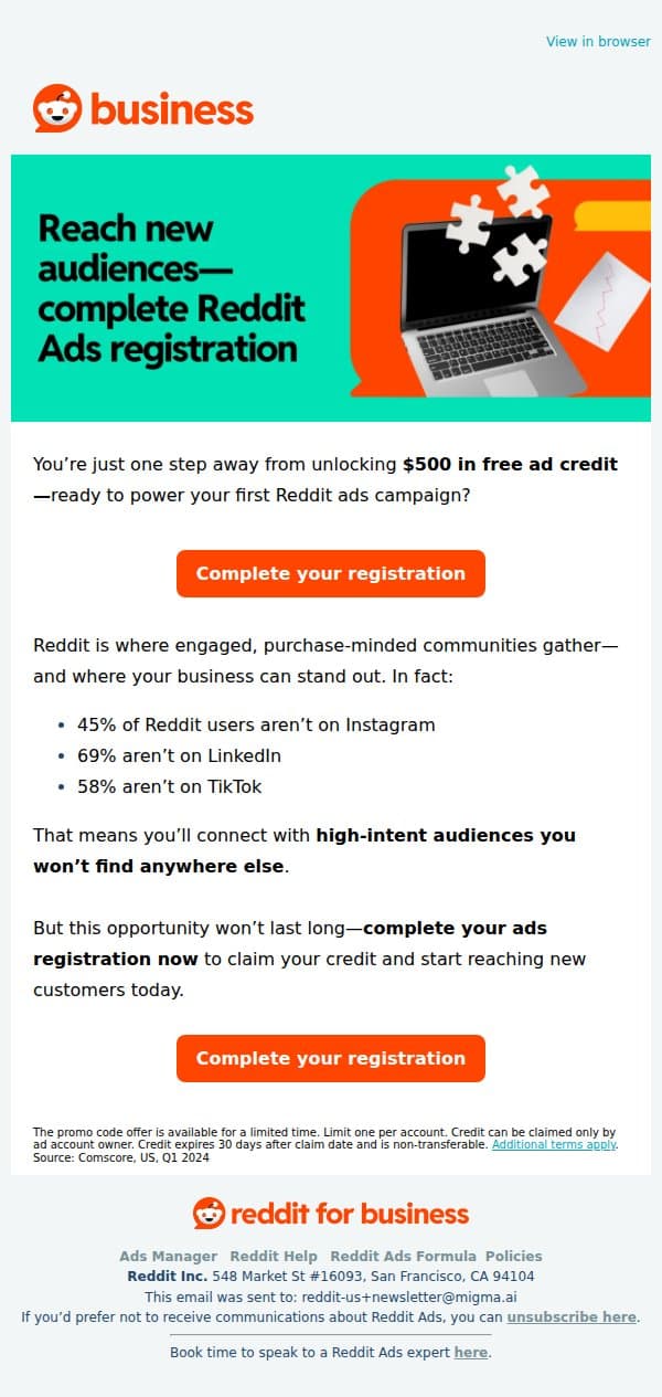 Complete your registration to claim $500 ad credit email from Reddit screenshot
