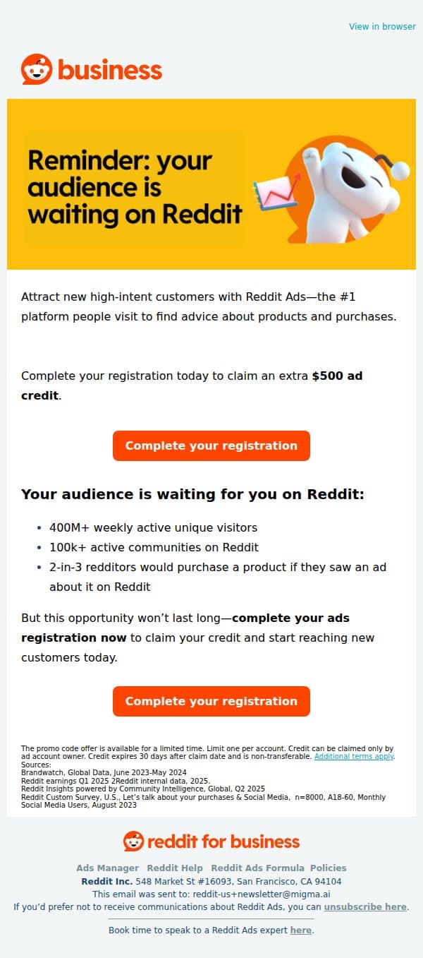 Reminder: your audience is waiting for you on Reddit email from Reddit screenshot