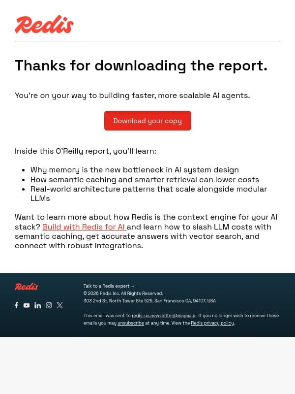Your copy of Managing memory for AI agents email from Redis screenshot