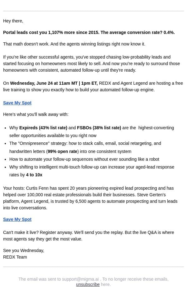 43% and 38%: Two Numbers You as an Agent Should Know email from RedX screenshot