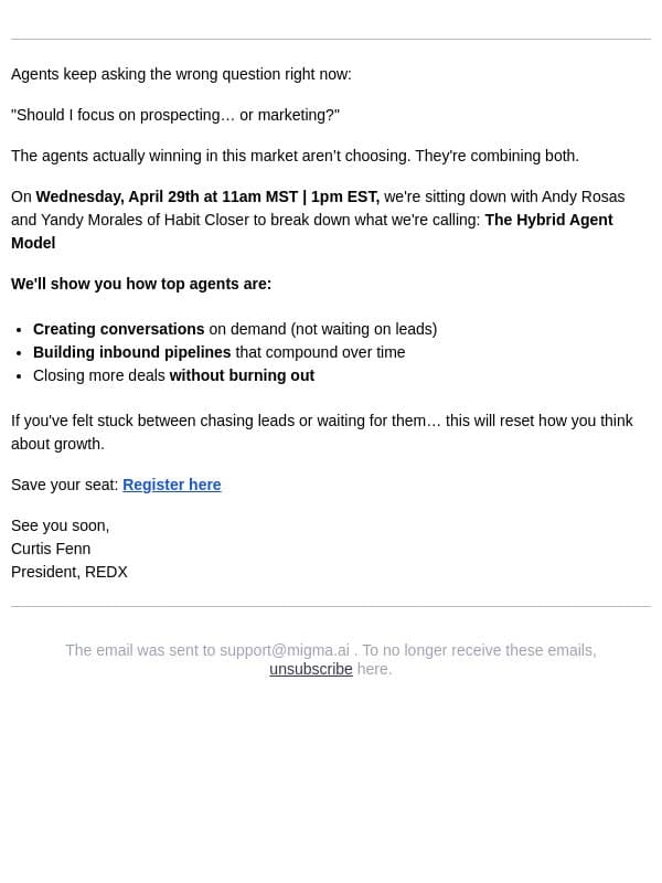 Prospecting vs Marketing is the wrong debate email from RedX screenshot