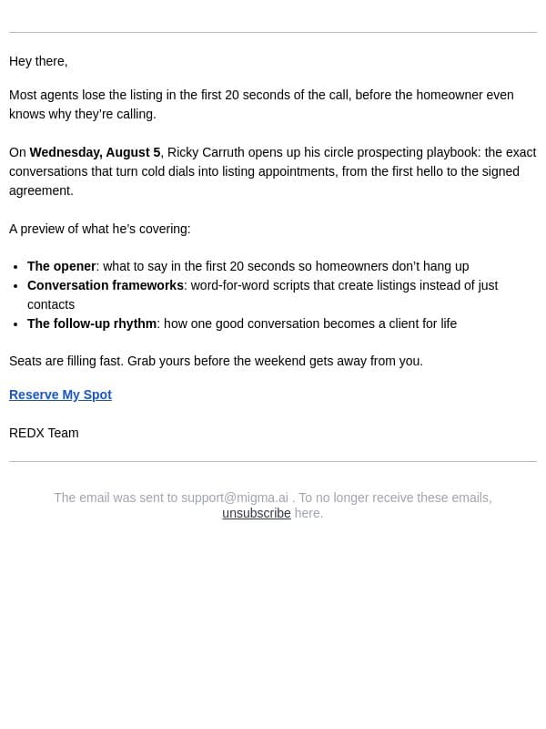 The conversation that turns a stranger into a seller email from RedX screenshot