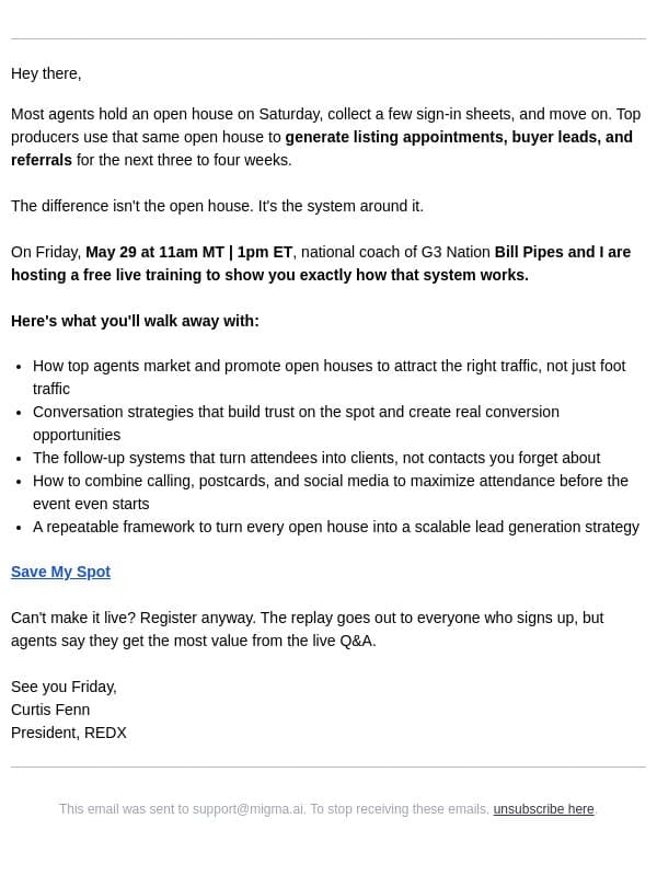 Most agents waste every open house. Here's what top producers do instead. email from RedX screenshot