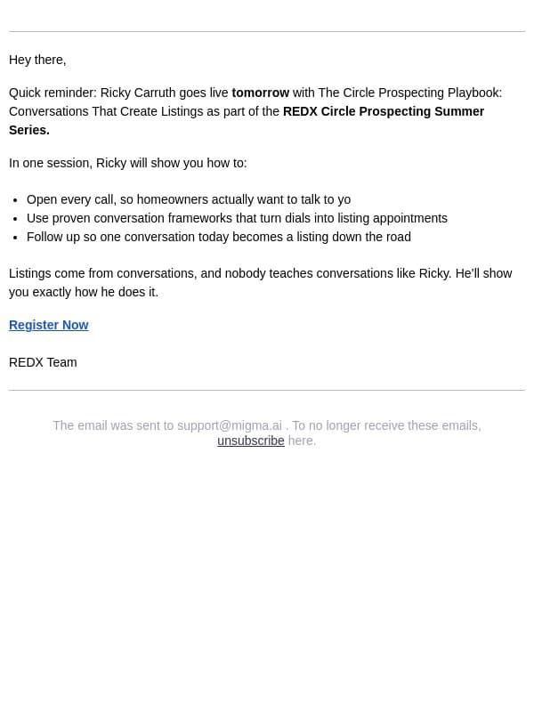Reminder: Tomorrow - Ricky Carruth’s circle prospecting playbook email from RedX screenshot