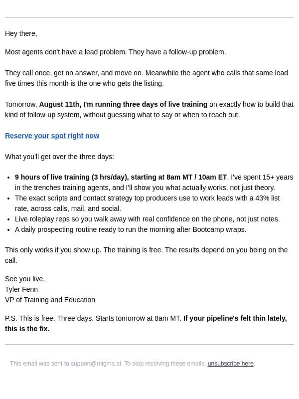 Last chance: Prospecting Bootcamp starts tomorrow email from RedX screenshot