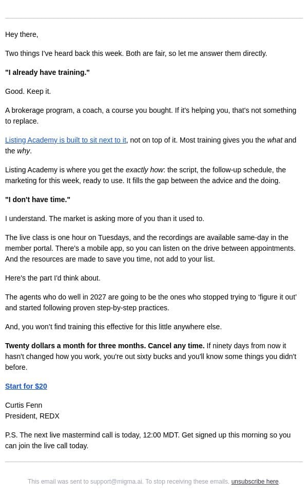The two things I hear most. email from RedX screenshot