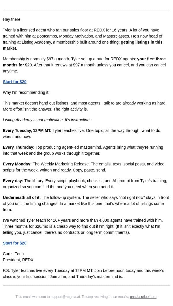 3 months of Tyler's listing training for $20/month. REDX rate. email from RedX screenshot