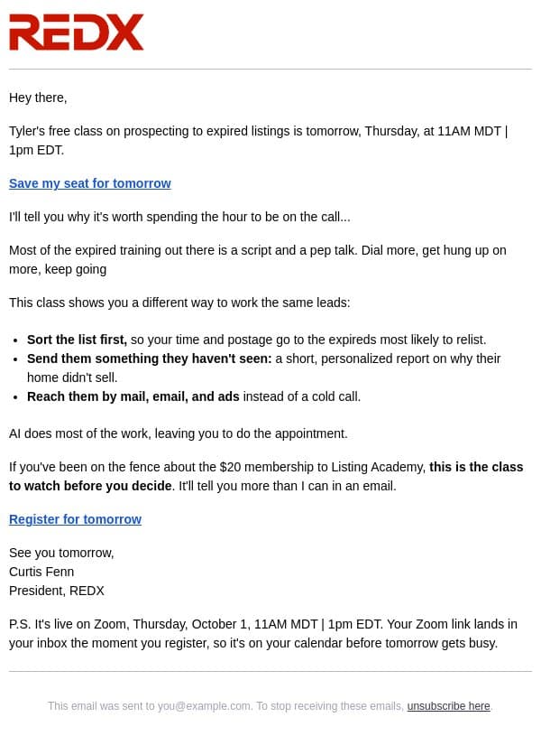 Tomorrow, 11AM MDT: expireds without the cold calls email from RedX screenshot