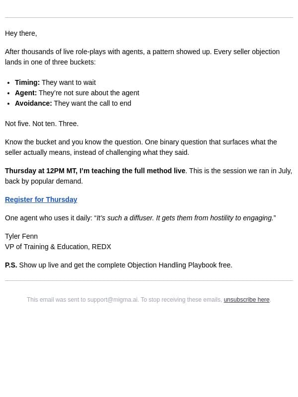 25 objections. 3 buckets. 1 question. email from RedX screenshot
