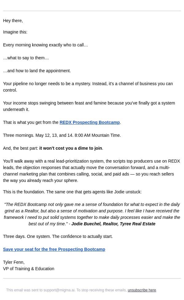 The 3 days that change how you prospect email from RedX screenshot