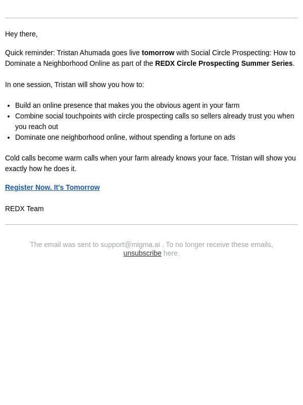Reminder: Tomorrow - Tristan Ahumada’s neighborhood domination plan email from RedX screenshot