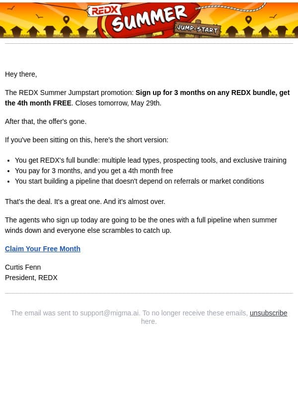 Your free month expires tomorrow email from RedX screenshot