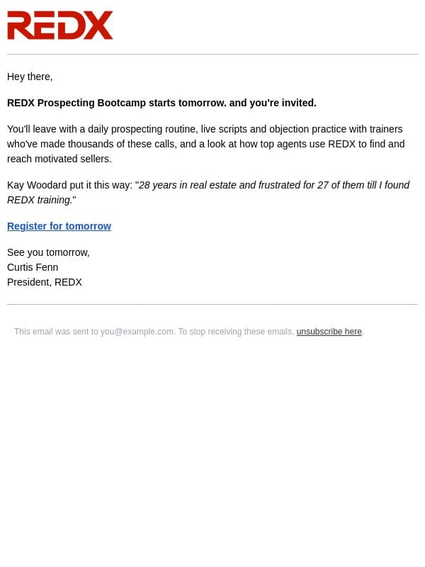 Prospecting Bootcamp starts tomorrow. You're invited. email from RedX screenshot