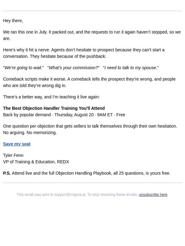Back by popular demand: the objection training email from RedX screenshot