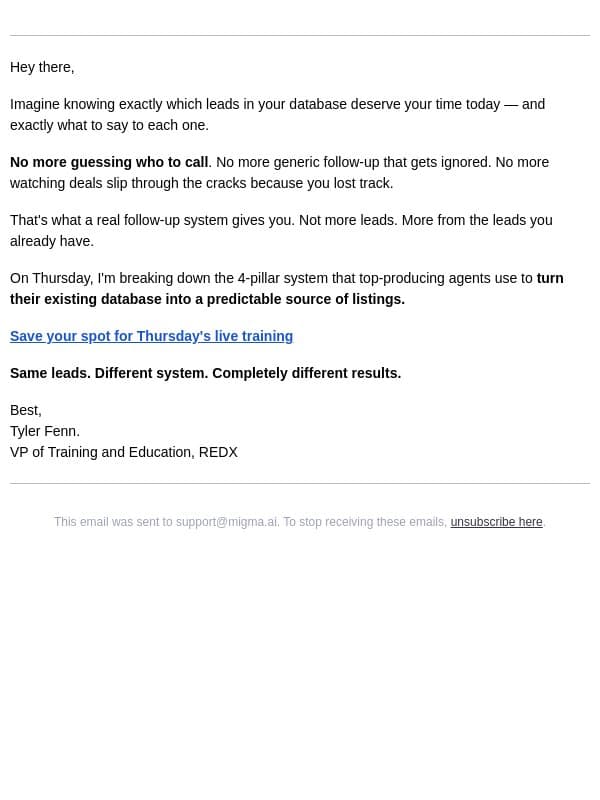 Your next listing is already in your database email from RedX screenshot