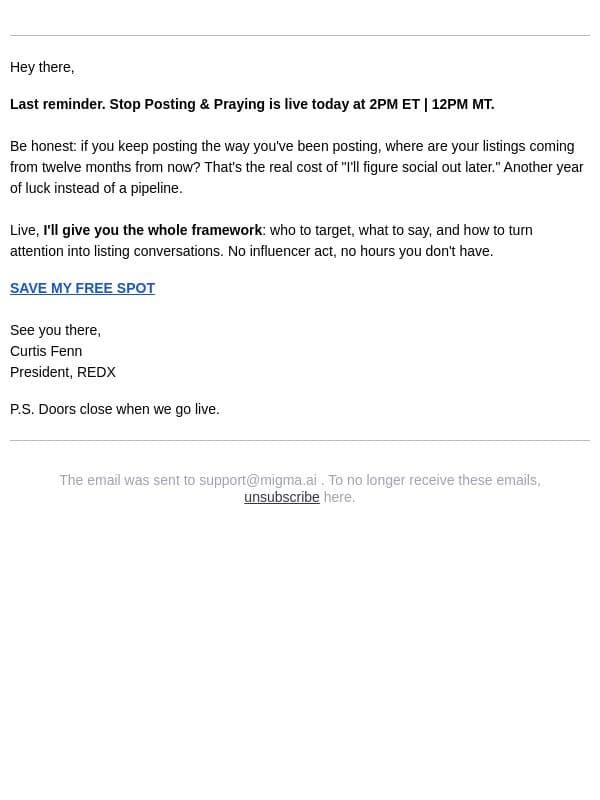 Doors close 2PM ET | 12PM MT today. email from RedX screenshot