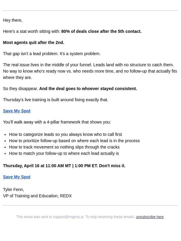 Your leads aren't dead. Your follow-up is. email from RedX screenshot