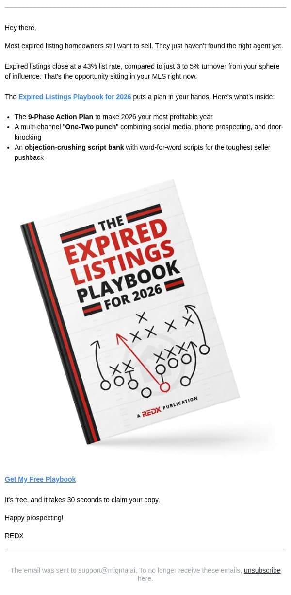 9 steps to turn expireds into listings email from RedX screenshot