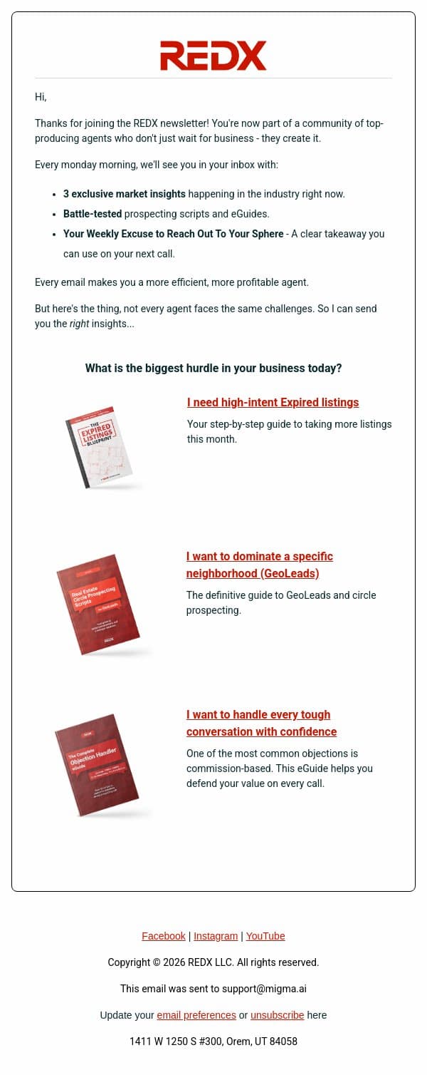 Welcome to the REDX community! email from RedX screenshot