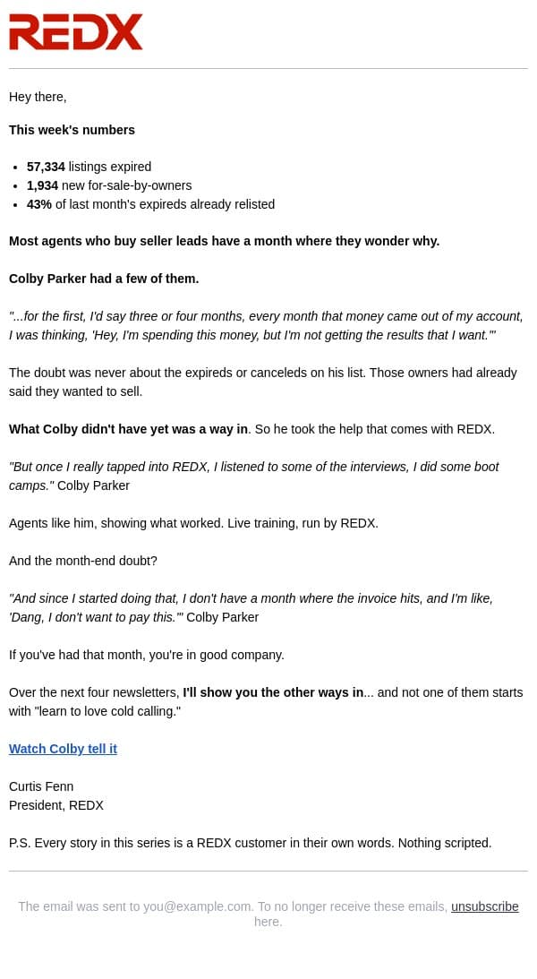"I'm spending this money, but..." email from RedX screenshot