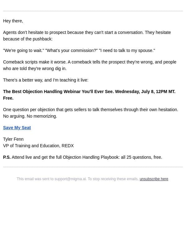 Why objection scripts backfire email from RedX screenshot