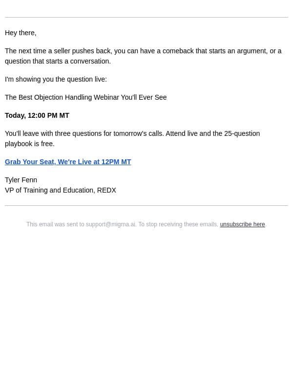 LIVE at 12PM MT: the objection training email from RedX screenshot