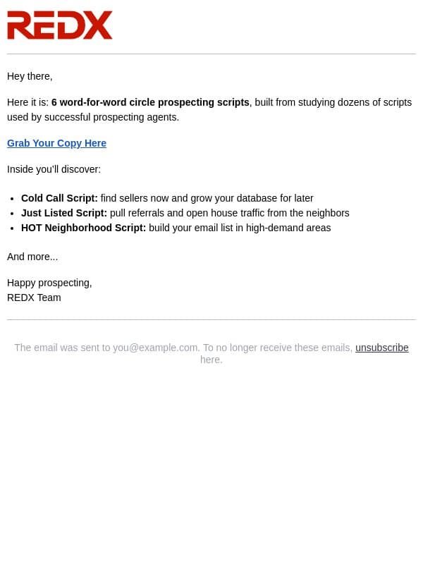 6 Circle Prospecting Scripts to Get Your Next Listing email from RedX screenshot