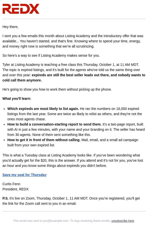 AI expired prospecting? Can it be done without cold-calls? email from RedX screenshot