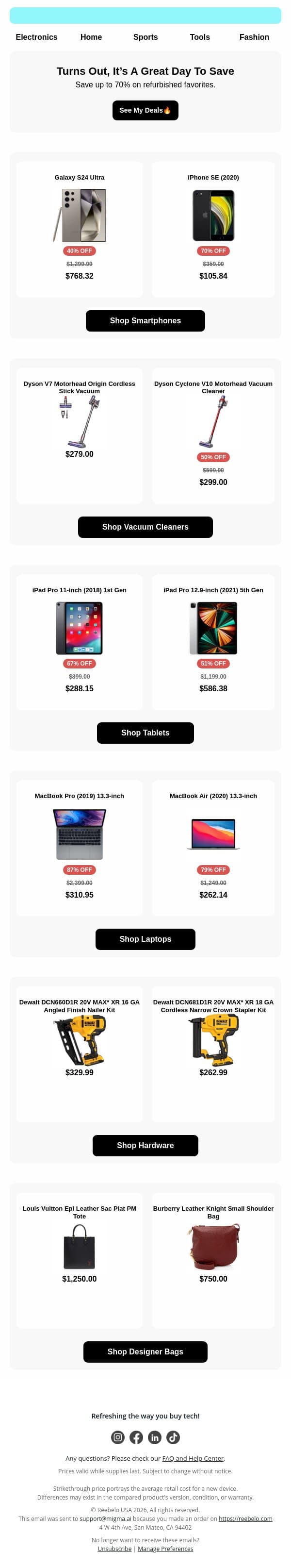 No broken mirrors here...Just better deals email from Reebelo screenshot