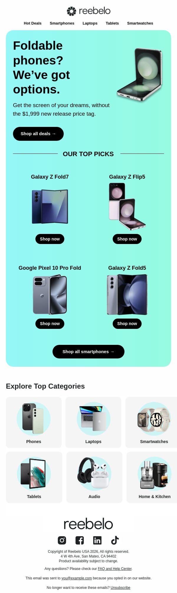 Before you spend $1,999 on a foldable phone… email from Reebelo screenshot