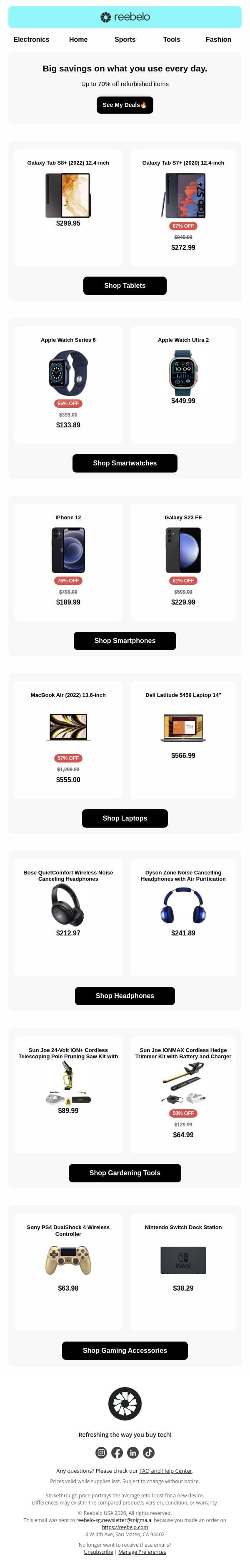 Temps are down...and so are our prices. email from Reebelo screenshot