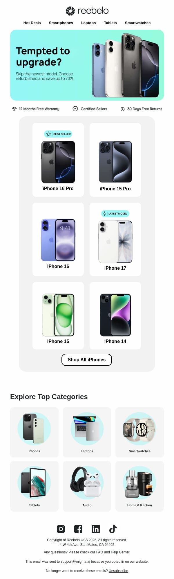 Suddenly thinking about a new iPhone? email from Reebelo screenshot