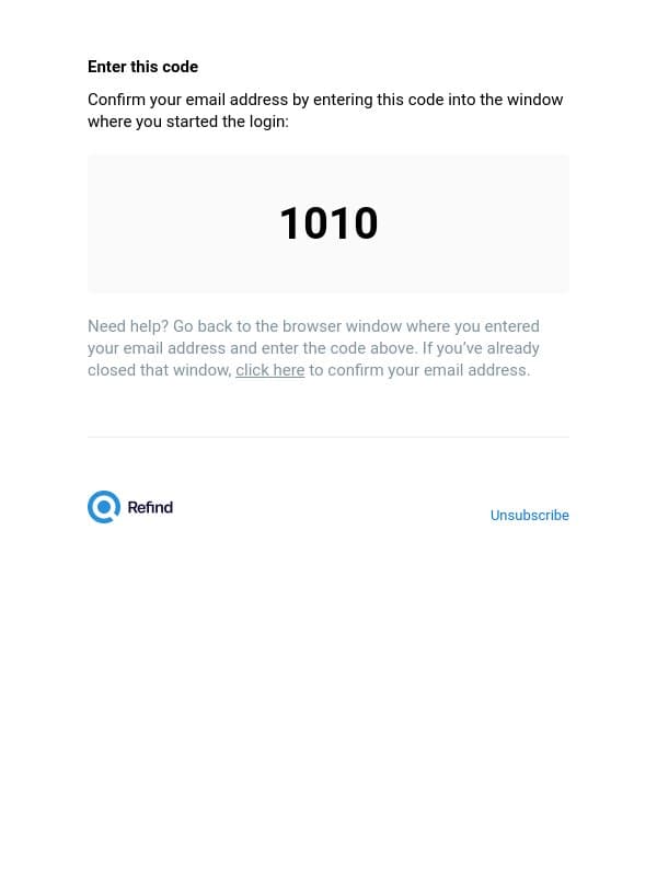 Confirmation code: 1010 email from Refind screenshot