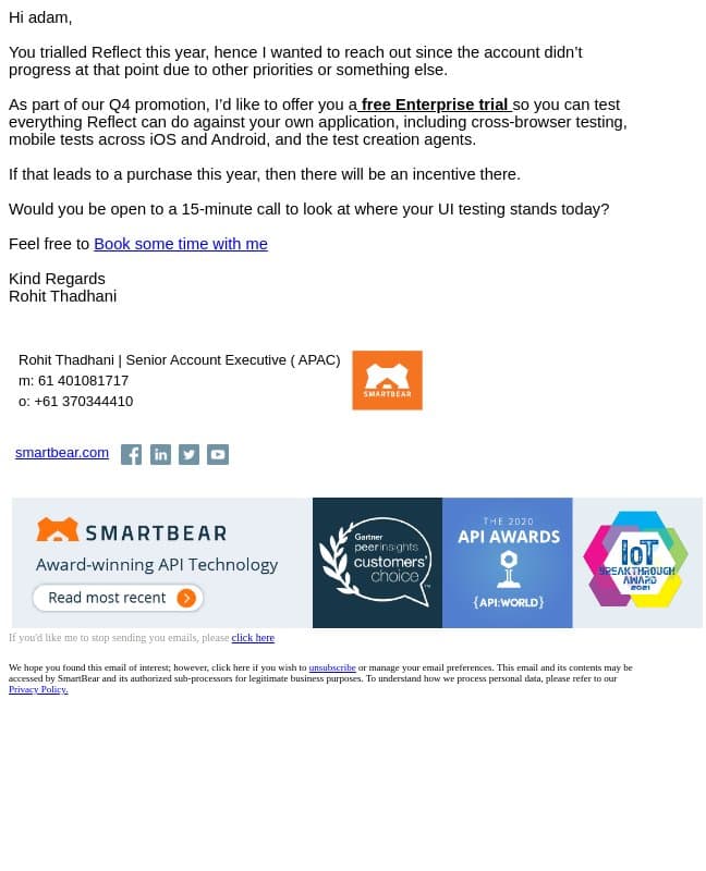 Hi adam – Welcome to Reflect! email from Reflect screenshot