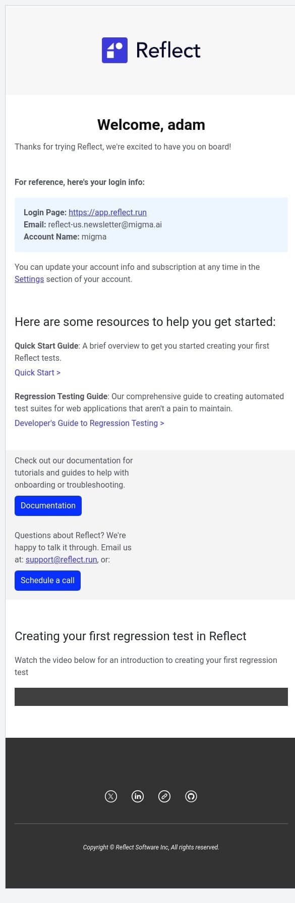 Welcome to Reflect, adam! email from Reflect screenshot