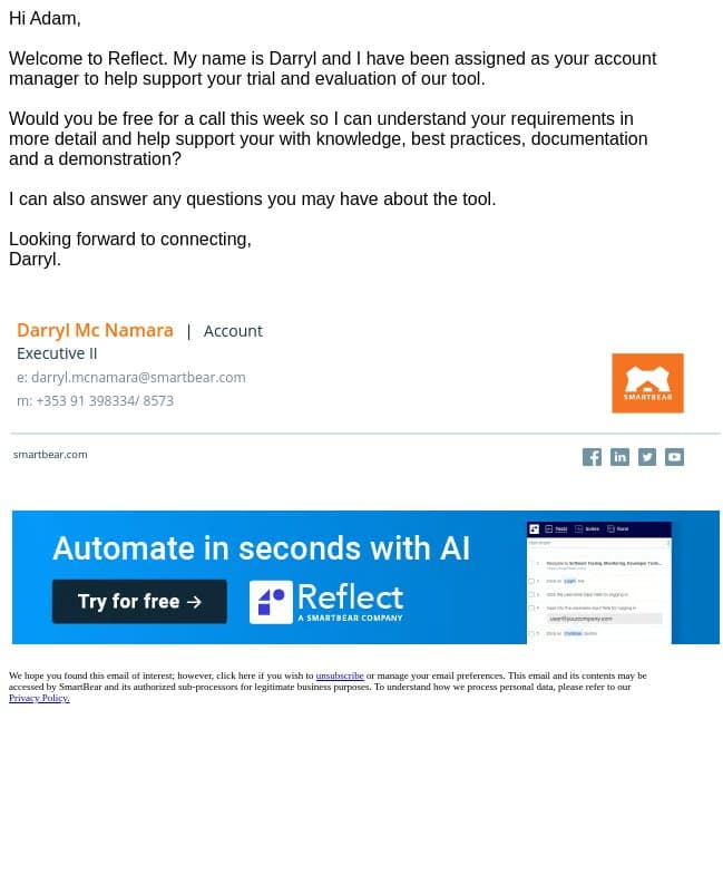 Welcome to Reflect! email from Reflect screenshot
