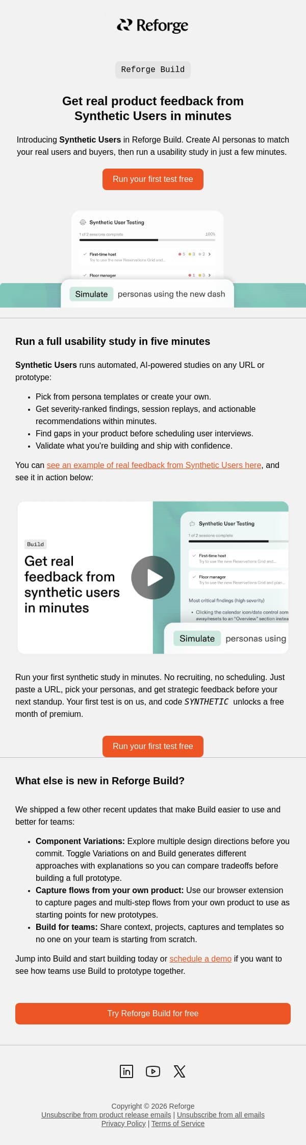 New in Reforge: Get real feedback from synthetic users email from Reforge screenshot