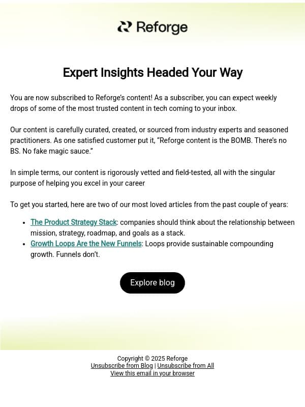 The most trusted content in tech email from Reforge screenshot
