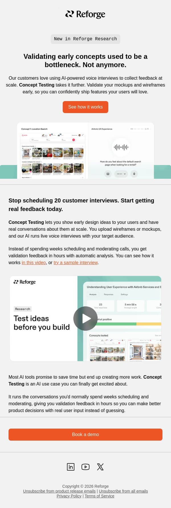 How to validate ideas with AI-powered interviews email from Reforge screenshot